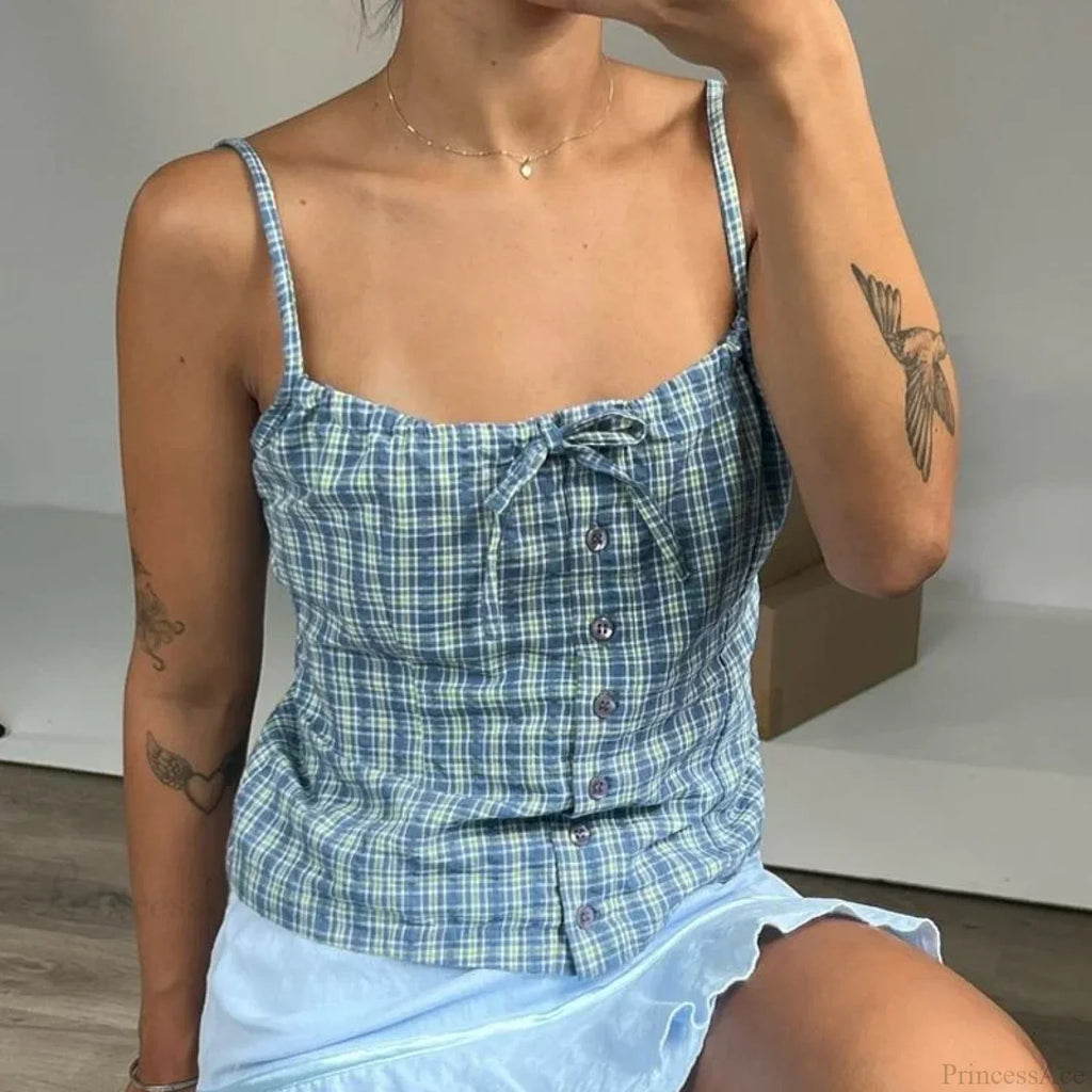 Y2K Plaid Print Sleeveless 00S Aesthetic Front Button Retro Backless Slim Fit Crop Top