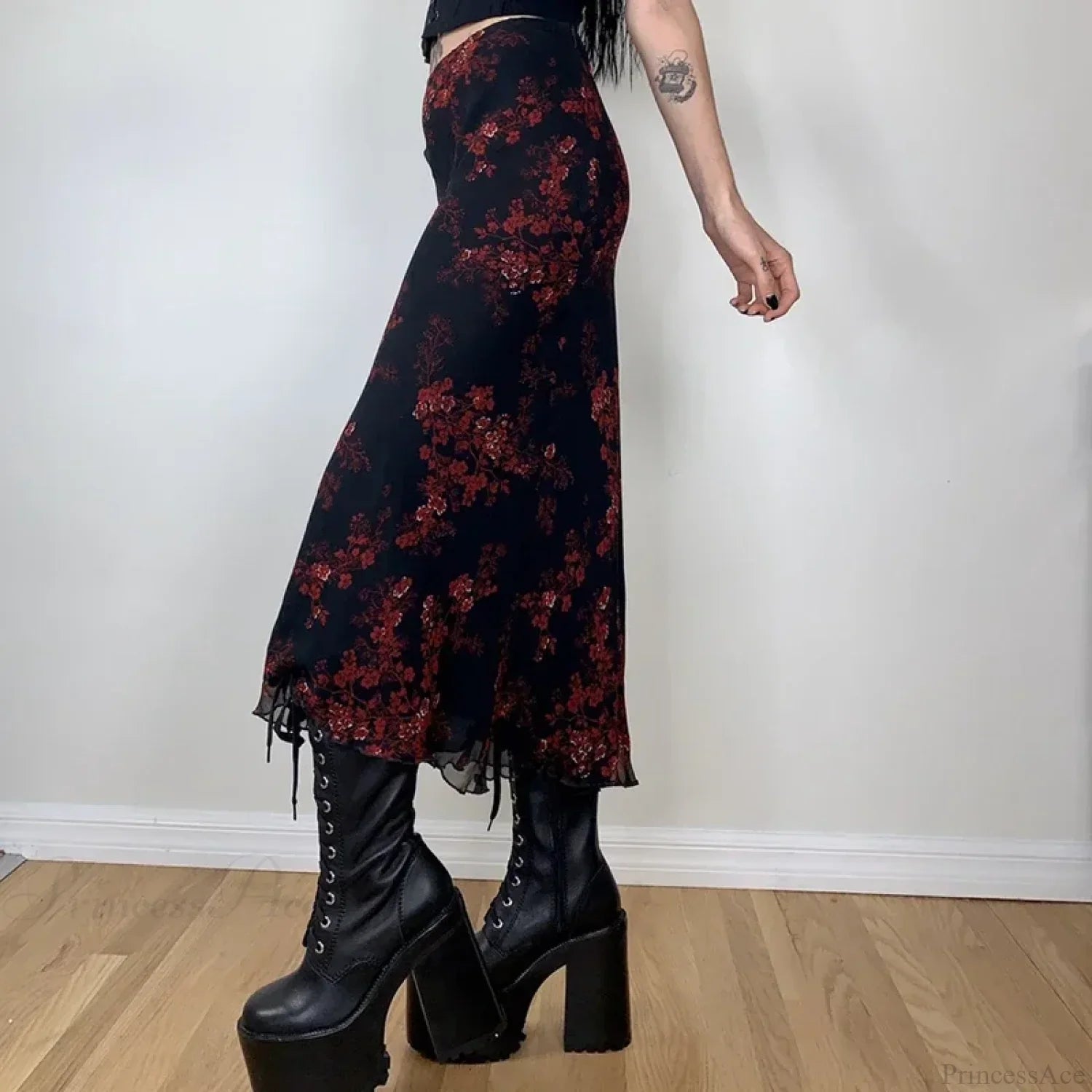 Y2K Retro Floral Printed High Waist Ruffled Long Skirt