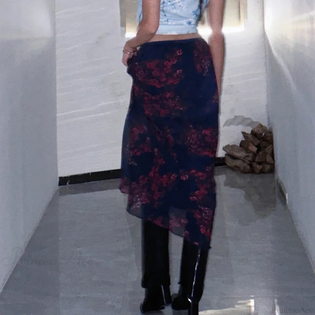 Y2K Retro Floral Printed High Waist Ruffled Long Skirt