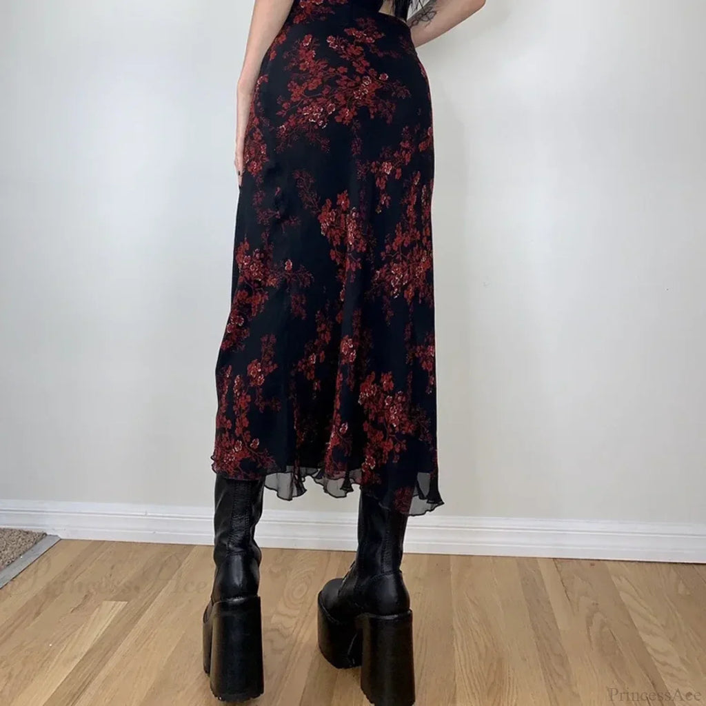 Y2K Retro Floral Printed High Waist Ruffled Long Skirt