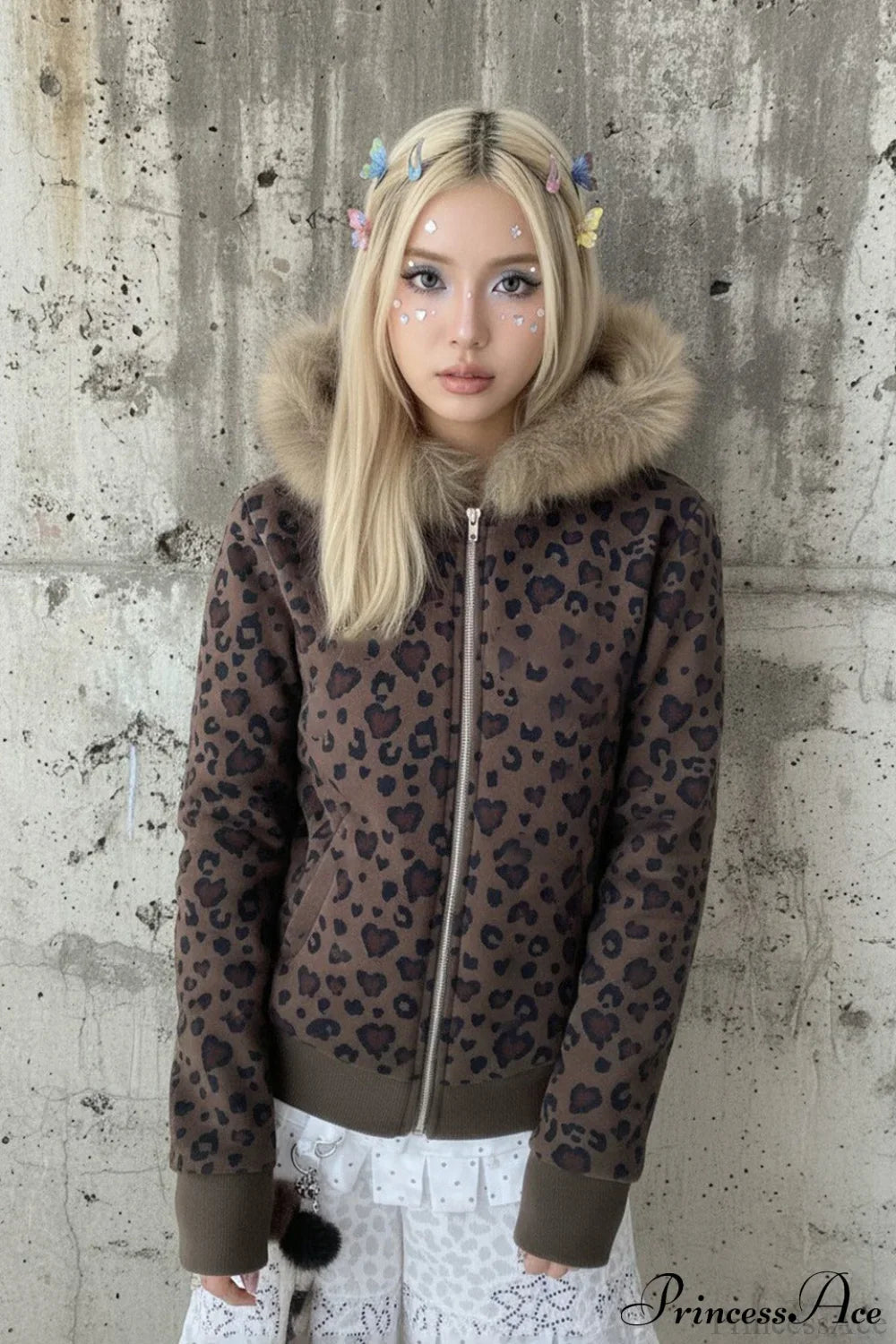 Y2K Leopard Print Fleece Zipper Hoodie