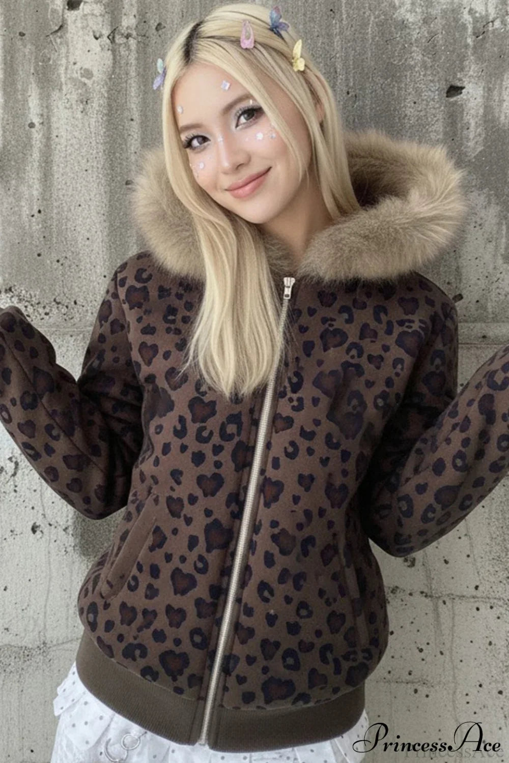 Y2K Leopard Print Fleece Zipper Hoodie