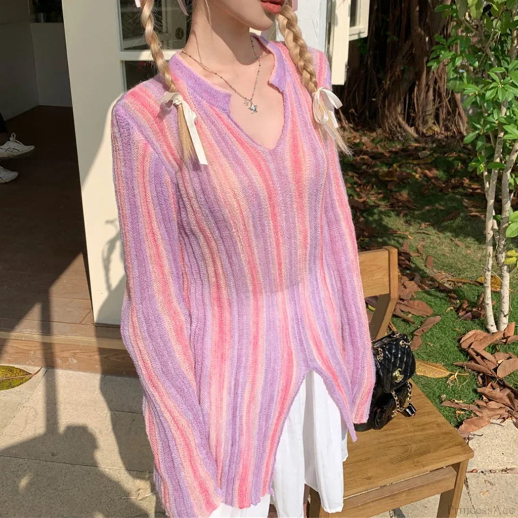 Y2K Vintage Long Sleeve Vertical Stripe Print Knit Top