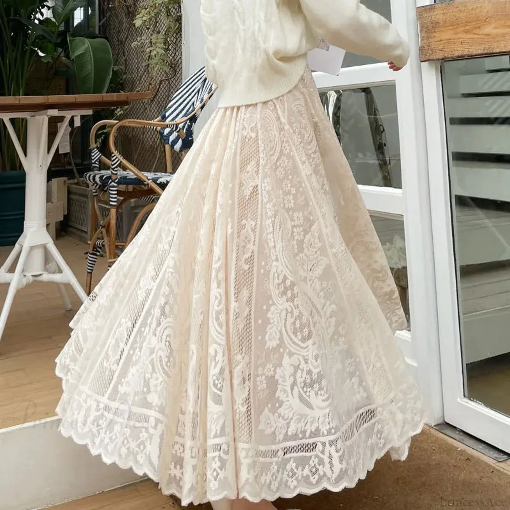 Y2K Lace Crochet Umbrella Long Skirt Bohemian High Waist