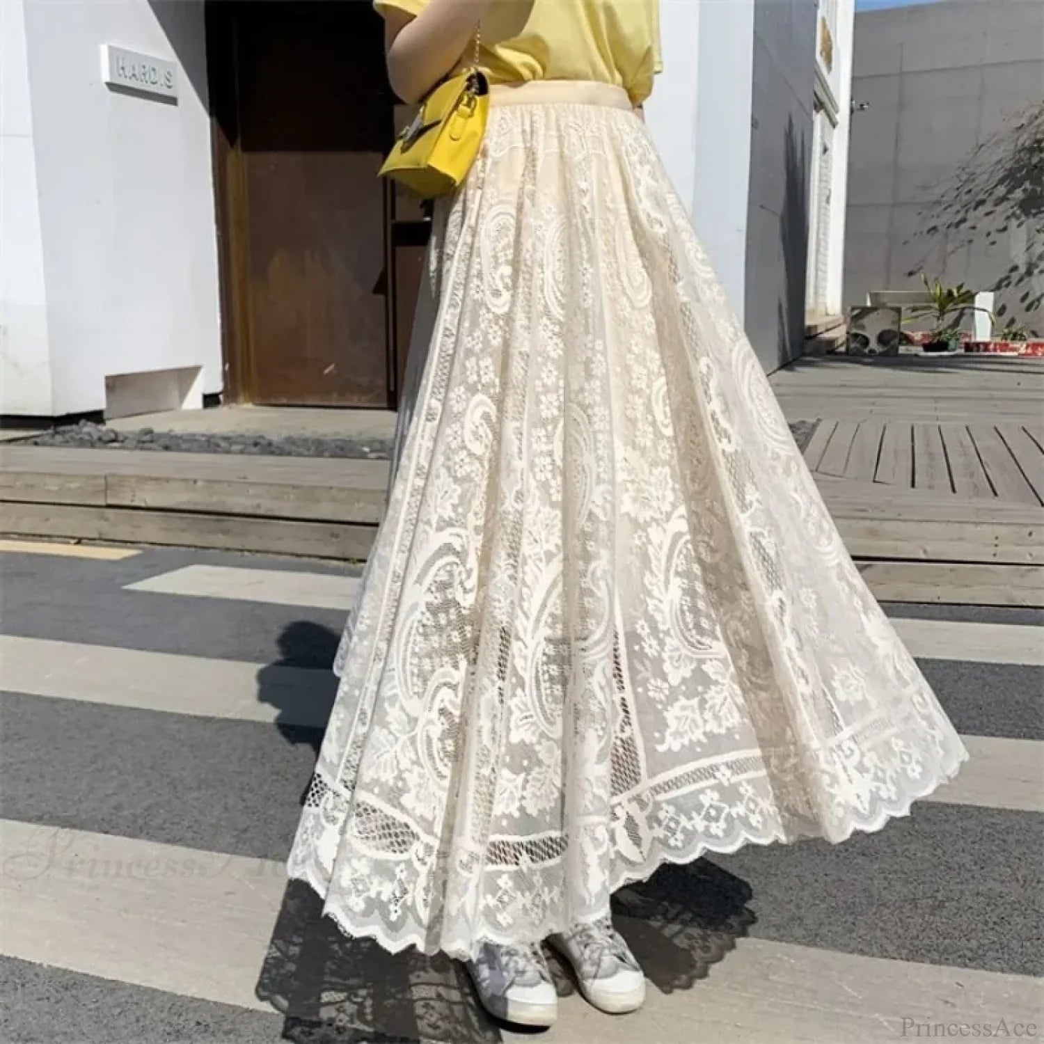 Y2K Lace Crochet Umbrella Long Skirt Bohemian High Waist