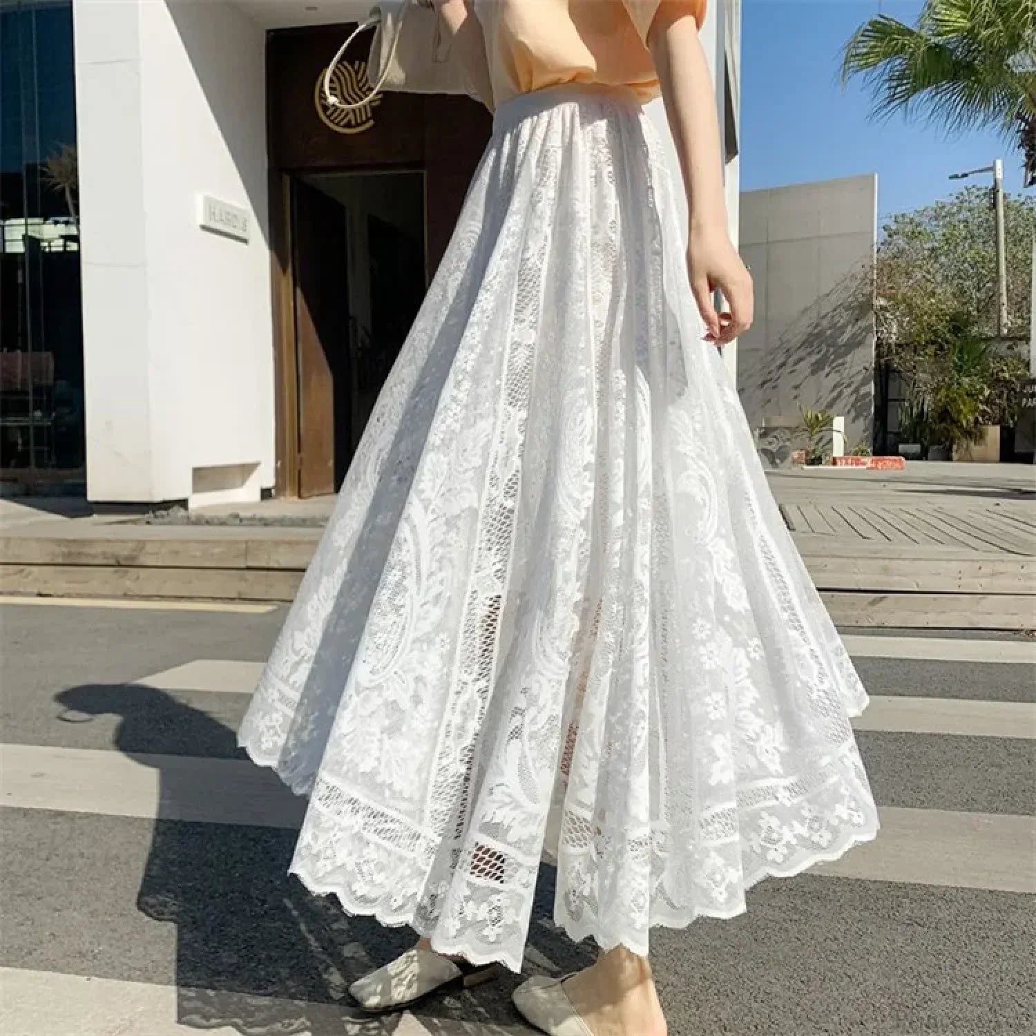 Y2K Lace Crochet Umbrella Long Skirt Bohemian High Waist