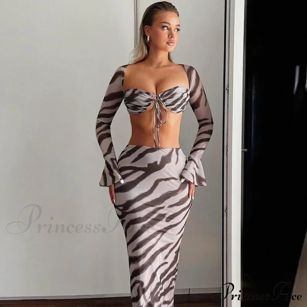 Zebra Print Y2K Skirt Two Piece Set Long Sleeve Backless Crop Top And Suit Maxi Dress