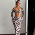 Zebra Print Y2K Skirt Two Piece Set Long Sleeve Backless Crop Top And Suit Maxi Dress